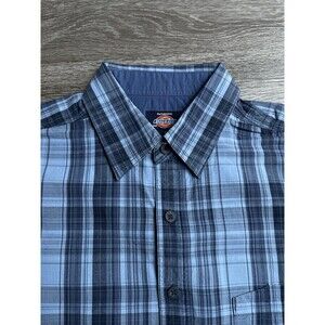Dickies Men Button Up Shirt Large Blue Plaid Workwear Short Sleeve Collar Pocket